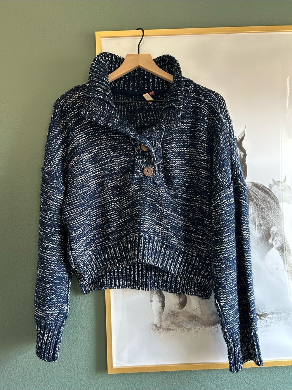 Anthropologie Navy Marled Cowl Neck Button Sweater